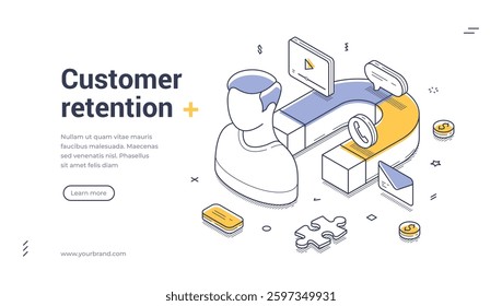 Web banner template designed for customer retention showcases an isometric illustration featuring a person with various digital elements. Modern vector illustration