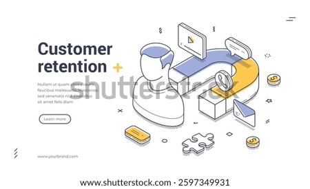 Web banner template designed for customer retention showcases an isometric illustration featuring a person with various digital elements. Modern vector illustration