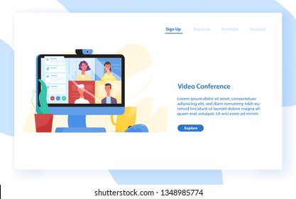 Web banner template with desktop computer with colleagues taking part in video conference. Software for videoconferencing and online communication. Modern flat vector illustration for website.