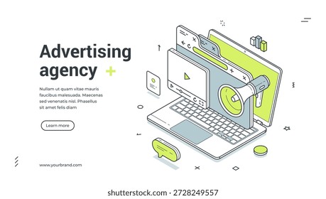 Web banner template for a digital advertising agency. Isometric vector illustration of online marketing and promotion with laptop and megaphone. Modern design for a landing page or website