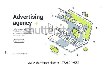 Web banner template for a digital advertising agency. Isometric vector illustration of online marketing and promotion with laptop and megaphone. Modern design for a landing page or website