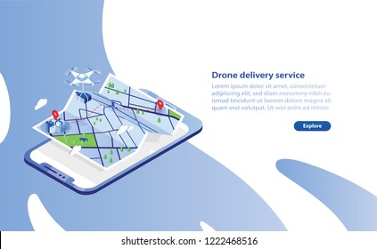 Web banner template with drone carrying box and flying above city map and giant smartphone. Delivery service with automated quadrotor, modern electronic device. Isometric vector illustration.