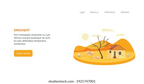 Web banner template with drought natural disaster image, flat vector illustration. Landing page or website with dangerous damaging catastrophe of nature.