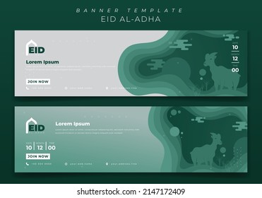 Web banner template for eid al adha islamic holiday in green background with goat design