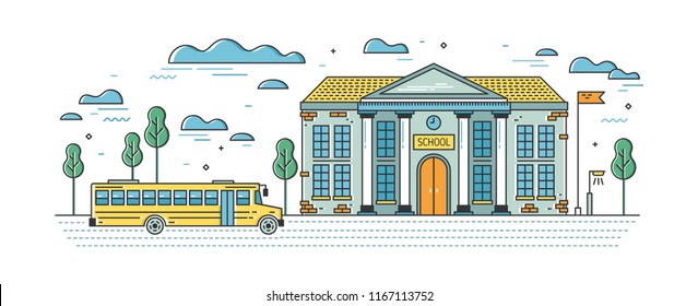 Web banner template with elegant school building and bus for pupils on road. Educational institution, system of formal education. Colorful vector illustration in lineart style.