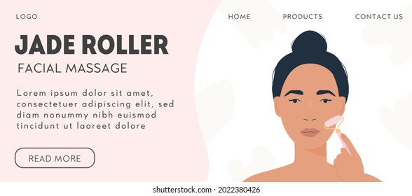 Web banner template for facial massage. Natural pink rose quartz stone roller. Woman massaging her skin. Face lifting trendy beauty treatment. Vector illustration in flat style.