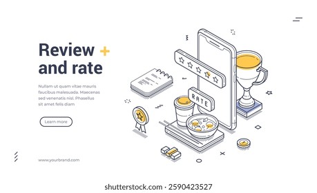 Web banner template features an isometric design showcasing elements such as a smartphone displaying a rating, a trophy, and a review pad, perfect for promoting feedback engagement