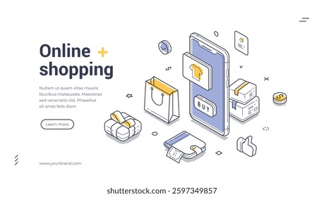Web banner template features an isometric design showcasing online shopping elements such as a smartphone, shopping bags, and various payment methods. Ideal for e-commerce platforms.