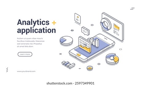 Web banner template features an isometric design showcasing an analytics application. It includes vibrant charts and graphs on a smartphone, emphasizing data visualization for businesses.