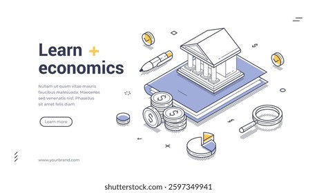 Web banner template features an isometric illustration focused on economics education featuring a bank building, financial symbols, and analytical tools. Ideal for promoting learning.