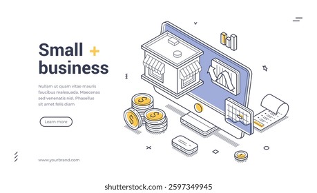 Web banner template features isometric design elements to showcase small business solutions.