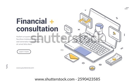 Web banner template features a laptop, documents, and charts to promote financial consultation services. The design uses clean lines and vibrant colors for a modern appeal. Vector illustration