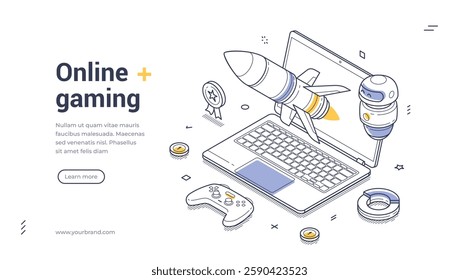 Web banner template features vibrant isometric illustrations showcasing a laptop, game controller, and rocket. It's perfect for promoting online gaming activities and services. Vector illustration