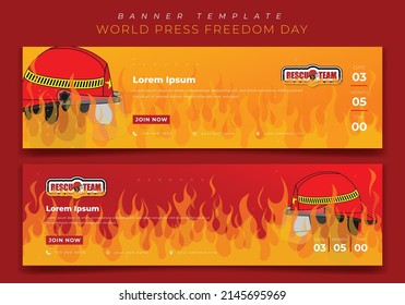 Web banner template with fire overflow background for firefighter day in landscape design