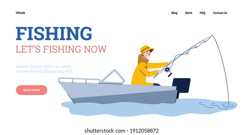 Web banner template for fishing leisure activity advertising with fisherman in the boat, cartoon vector illustration. Web landing page design for fishing club.