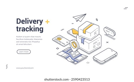 Web banner template focused on delivery tracking. It includes packages, a mobile device, and a map, all designed in a clean isometric style. Vector illustration