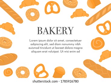 Web banner template with frame made of various types of breads and sweet homemade baked products and pastries with place for text. Vector illustration in cartoon style for bakery advertisement. 