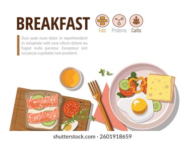 Web banner template. Fried eggs, salmon sandwich, vegetables and tea. Breakfast concept. Healthy food on plates top view.