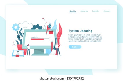 Web banner template with giant computer display and tablet PC with progress bar on screen and tiny people. System update or upgrade, software maintenance. Modern vector illustration for advertisement.