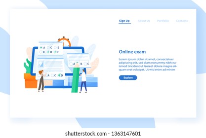 Web banner template with giant computer and tiny students passing internet test. Online exam, distant learning or education. Modern flat vector illustration for educational service promotion.