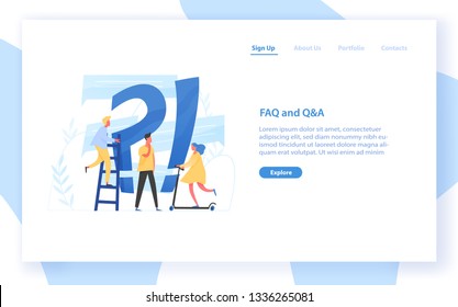 Web banner template with giant question mark and interrogation point and tiny people. FAQ, customer guide, user manual, useful information for problem solving. Flat colorful vector illustration.