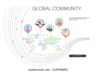 Web banner template with global community and network connections. Flat Art Vector illustration