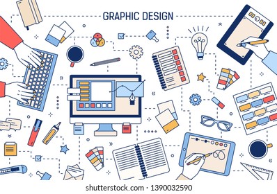 Web banner template with graphic design or digital art tools, hands working on computer or drawing on tablet surrounded by stationery on white background. Vector illustration in modern linear style.