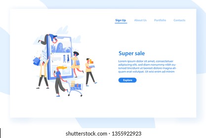 Web banner template with group of crazy customers, buyers or shopaholics carrying shopping carts, bags and boxes and giant tablet PC. Online store super sale. Flat vector illustration for website.