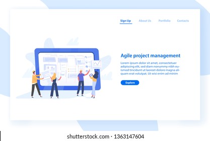 Web banner template with group of people organizing tasks on screen of giant tablet PC. Agile project management for business work organization. Flat vector illustration for website, landing page.