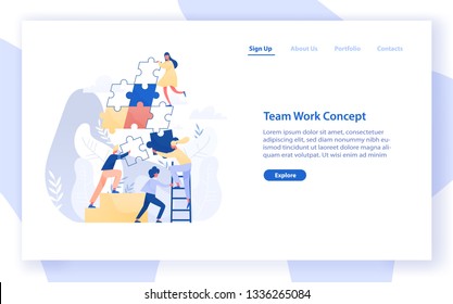 Web banner template with group of tiny office workers or colleagues assembling together giant jigsaw puzzle pieces. Teamwork, business cooperation. Modern flat vector illustration for website.