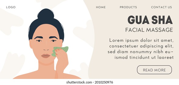 Web banner template for gua sha facial massage. Woman massaging and scraping her skin. Natural green jade guasha stone scraper. Face lifting trendy beauty treatment. Vector illustration in flat style.