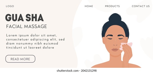Web banner template for gua sha facial massage. Woman massaging and scraping her skin. Natural pink rose quartz stone scraper. Face lifting trendy beauty treatment. Vector illustration in flat style.
