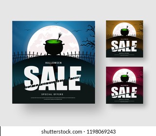 Web banner template for a Halloween sale with a cauldron of a boiling green witch potion and a broom. Advertising design for social networks