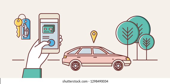 Web banner template with hand holding smartphone and automobile on city street. Car sharing and rental electronic service or carsharing mobile app. Colored vector illustration in line art style.