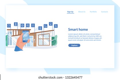 Web banner template with hand holding mobile phone with app for house automation against residential building on background. Smart home with remote control. Flat vector illustration for website.