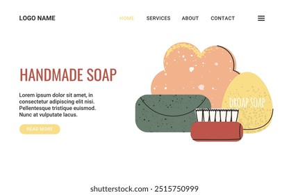 Web Banner template with handmade soap bar cosmetics. Bath and body care natural product. Perfect for promotion natural shop, spa, wellness. Vector illustration