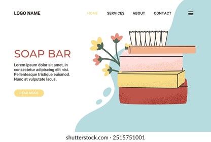 Modelo de banner da Web com barra de sabão artesanal. Banho e cuidado do corpo cosméticos naturais. Perfeito para a promoção da loja natural, spa, bem-estar. Ilustração vetorial