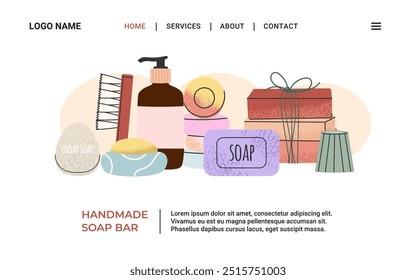 Web Banner template with handmade soap bar cosmetics. Bath and body care soap different types. Cream and solid, scrub, brush Perfect for promotion natural shop, spa, wellness. Vector illustration