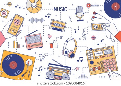 Web banner template with hands and devices for music playing and listening - player, boombox, radio, microphone, earphones, turntable, smartphone, vinyl records. Vector illustration in linear style.