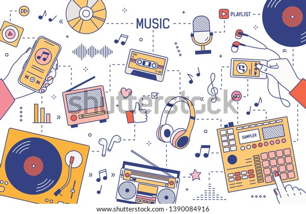 Web Banner Template Hands Devices Music Stock Vector Royalty Free