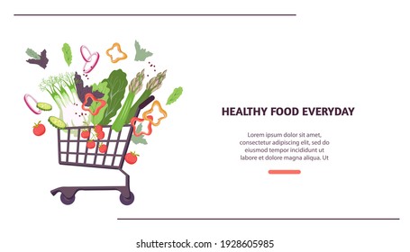 Web banner template for healthy food delivery with fresh vegetables in shopping trolley cart, flat vector illustration. Online food shop and delivery of healthy farm food.