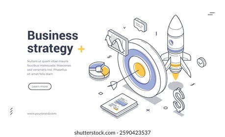 Web banner template illustrates a dynamic business strategy concept featuring isometric design elements. Vector illustration