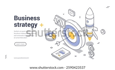 Web banner template illustrates a dynamic business strategy concept featuring isometric design elements. Vector illustration