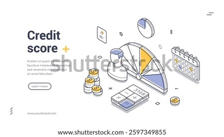 Web banner template illustrates essential aspects of credit scoring. It features a credit score gauge, financial icons, and tools to empower users in managing their finances effectively.