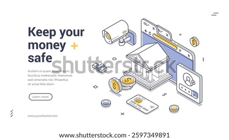 Web banner template illustrates the importance of keeping your money safe. It features isometric designs of a bank, security cameras, and digital devices to convey financial protection.