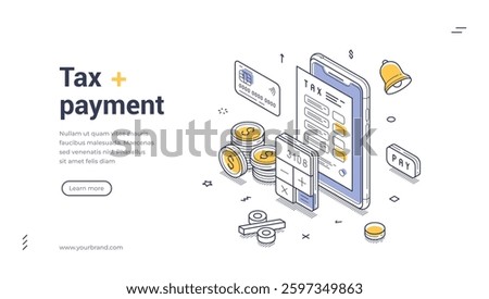 Web banner template illustrates a tax payment process featuring isometric design elements. It showcases a mobile device, coins, payment buttons, and relevant icons, creating a modern feel.