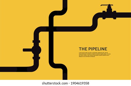 Web banner template. Industrial background with yellow pipeline. Oil, water or gas pipeline with fittings and valves. Vector illustration in a flat style.