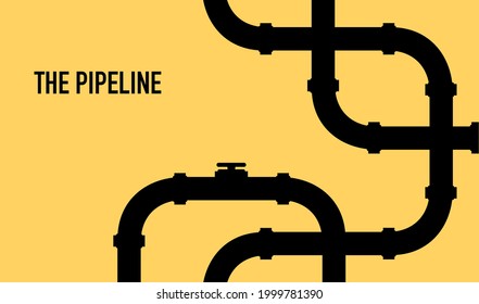 Web banner template. Industrial background with yellow pipeline. Oil, water or gas pipeline with fittings and valves. Vector illustration in a flat style.