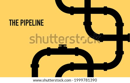 Web banner template. Industrial background with yellow pipeline. Oil, water or gas pipeline with fittings and valves. Vector illustration in a flat style.