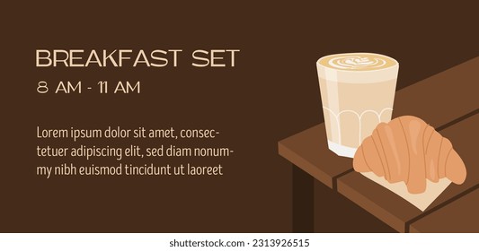 Web banner template with latte cup and croissant. Cafe scene with specialty coffee on the table. Horizontal poster for french breakfast promo with freshly brewed drink and pastry. Vector illustration.